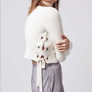 Topshop cropped cream sweater with eyelet tie-side